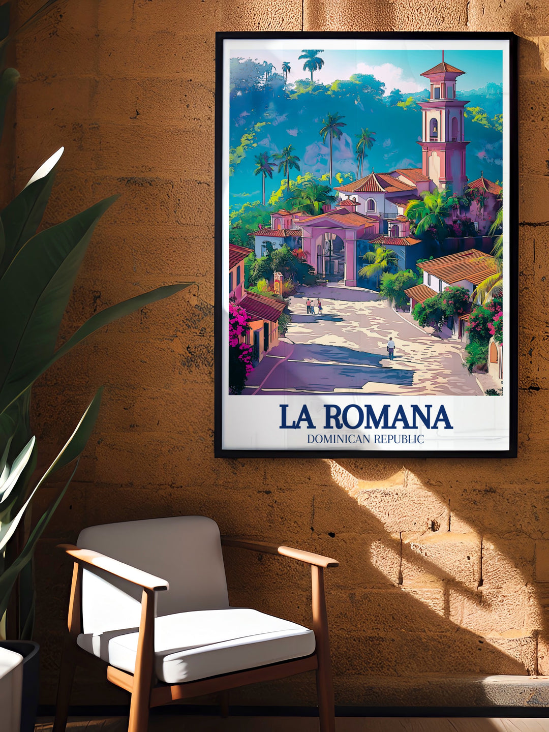 Travel poster of La Romanas iconic Altos de Chavón, capturing the charm of the Mediterranean village surrounded by tropical greenery. Ideal for home décor or as a thoughtful gift for art lovers.