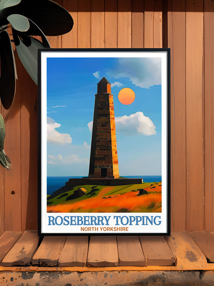 Commemorate your love for hiking and exploration with this Roseberry Topping travel poster. Featuring Captain Cooks Monument and the scenic landscapes of the North York Moors, its an ideal decor piece for outdoor enthusiasts.