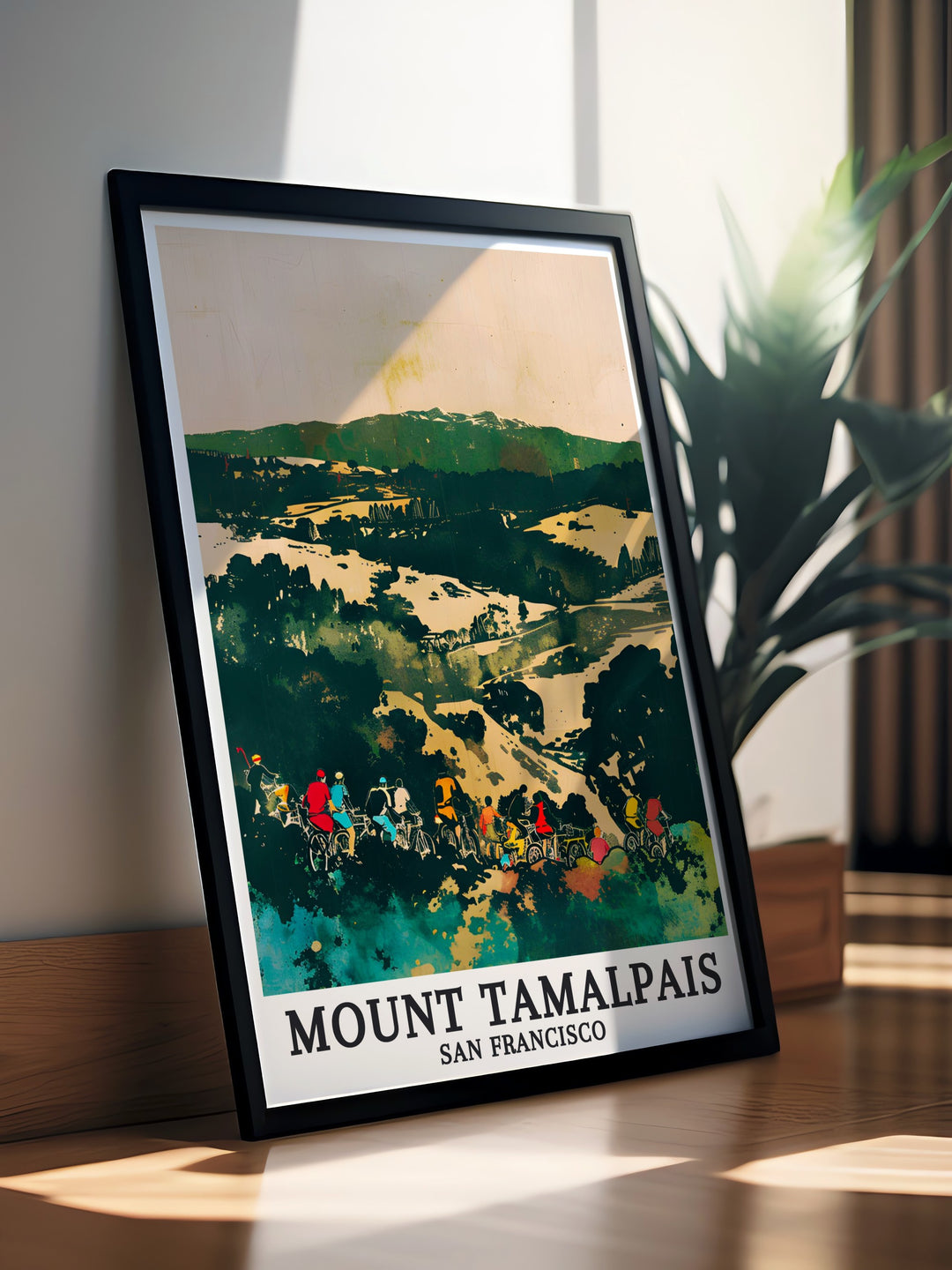 California art print of Mount Tamalpais, capturing the natural charm of the region. Includes scenic views of Mount Diablo and Muir Park, ideal for modern and elegant home decor.