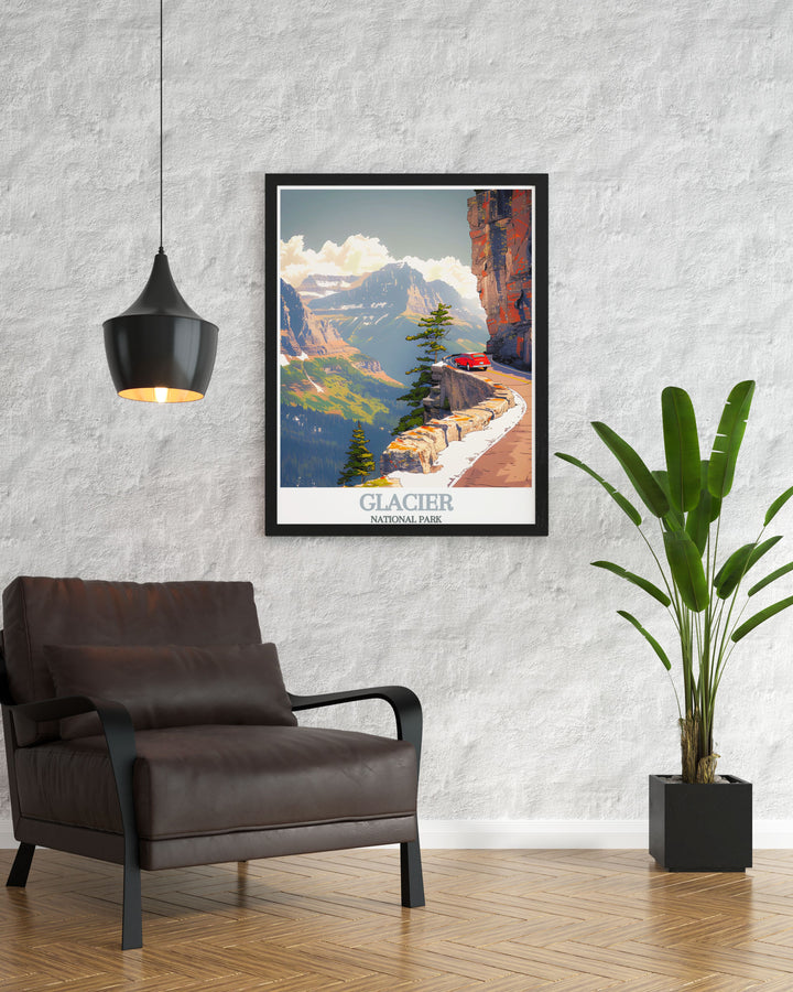 Gallery wall art showcasing the Going to the Sun Road, capturing the engineering marvel and scenic beauty of this iconic drive through Glacier National Park, perfect for adding a touch of wilderness to any decor.