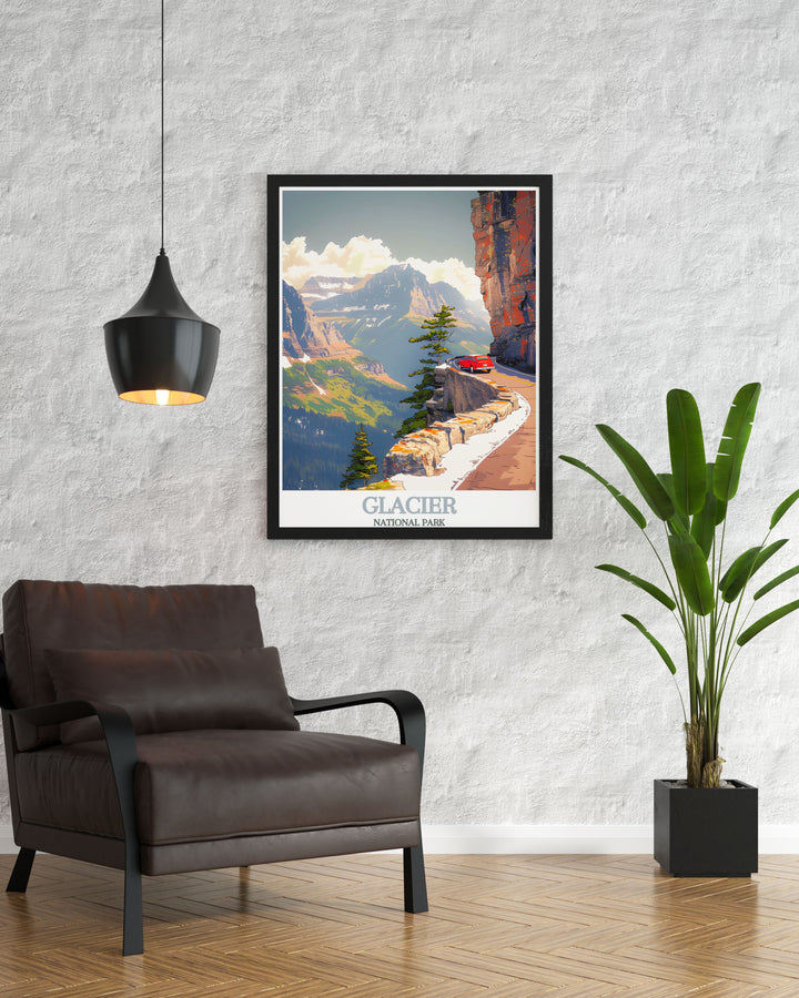 A true celebration of natures splendor, this Glacier National Park Poster features Going to the Sun Road and the beauty of Glacier Bay. Its elegant design brings an air of tranquility to your living space.