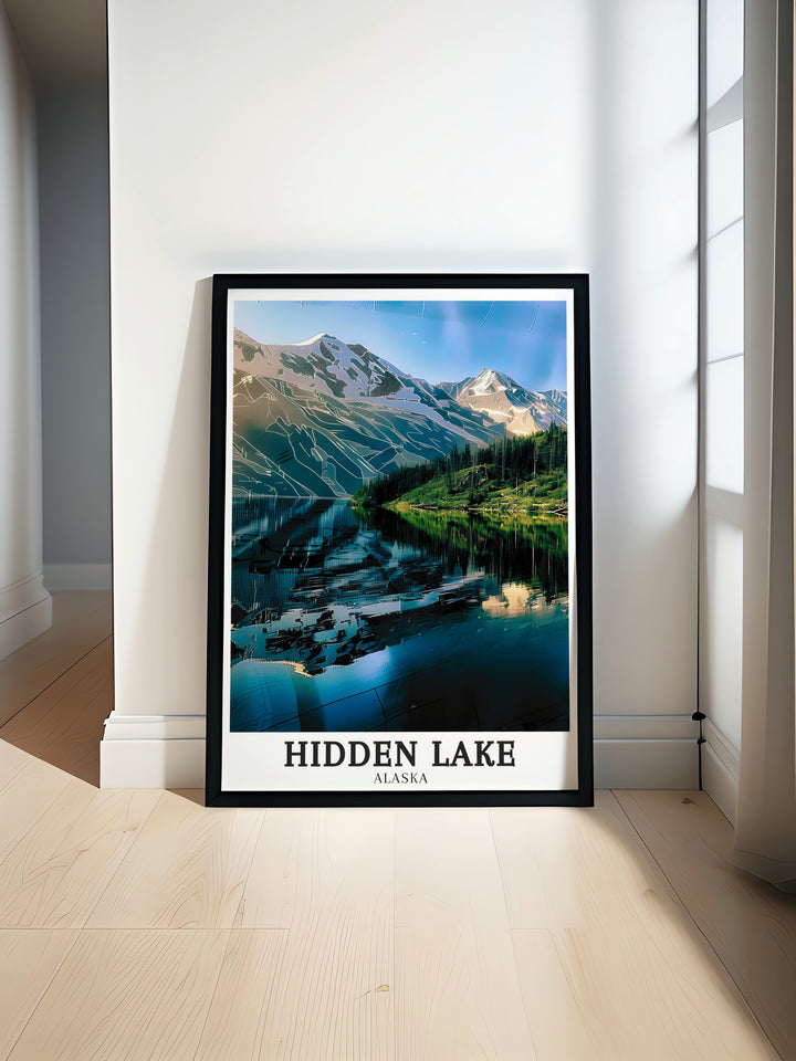 Hidden Lake travel print featuring the tranquil waters and surrounding mountains of one of Alaskas most peaceful locations. This artwork brings the calm and beauty of nature into your home, making it a perfect addition for those seeking relaxation and inspiration from the outdoors.