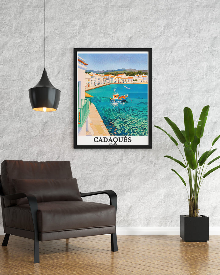 Cadaqués Harbour canvas art offers a detailed view of the tranquil waters and fishing boats in this picturesque Spanish town. Perfect for those who appreciate the charm of Spains coastal regions, this travel print brings a serene element into your décor.