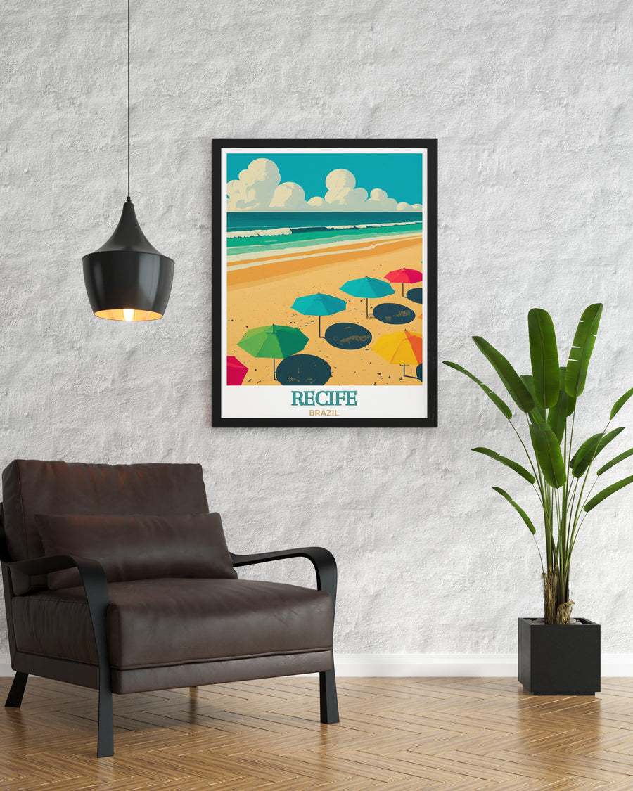 Brazilian travel poster of Boa Viagem Beach in Recife. A bright and vibrant depiction of the famous beach, this artwork is perfect for adding warmth and color to any space, showcasing the iconic landscape of Brazils northeast coast.