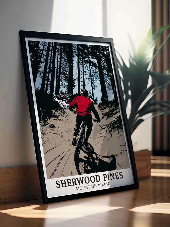 Mountain biking travel wall decor pieces capturing the exhilarating scenery of Sherwood Pines Big Bertha Trail in the East Midlands. Perfect for those who love mountain biking, these wall decorations add a touch of adventure to any room. Enjoy the vivid colors and dynamic details of the trails through our high quality travel wall art.