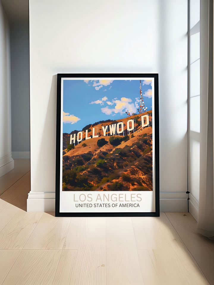 Hollywood Sign Modern Print showcasing the iconic landmark with vibrant colors perfect for Los Angeles Wall Art. Adds elegance to any room and is ideal as a travel poster or a memorable gift for travelers.