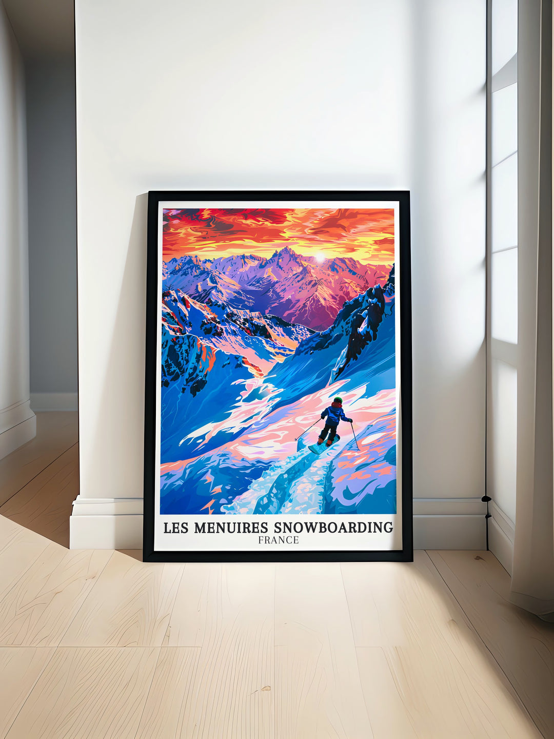 Les Menuires BK Park Modern Art Print showcasing the vibrant thrill of snowboarding in the French Alps ideal for anyone who loves winter sports and the beauty of mountain landscapes a perfect addition to home decor or gift for snowboarders and skiers