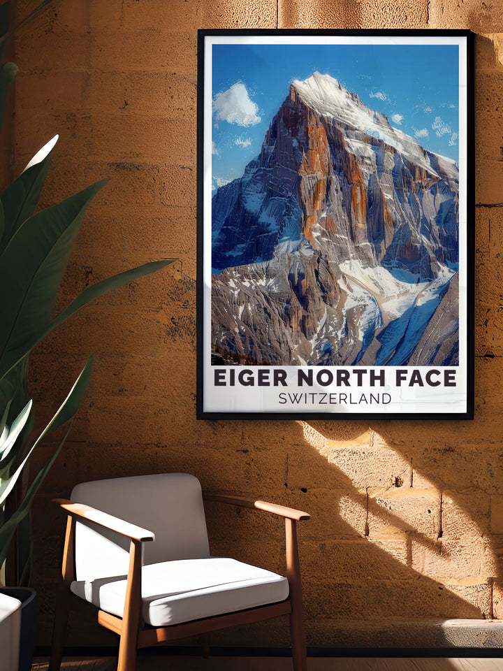 Eiger rock climbing poster depicting climbers tackling the challenging routes of the iconic Eiger North Face a thrilling addition to any adventure enthusiasts wall art collection highlighting the rugged beauty of the Swiss Alps.