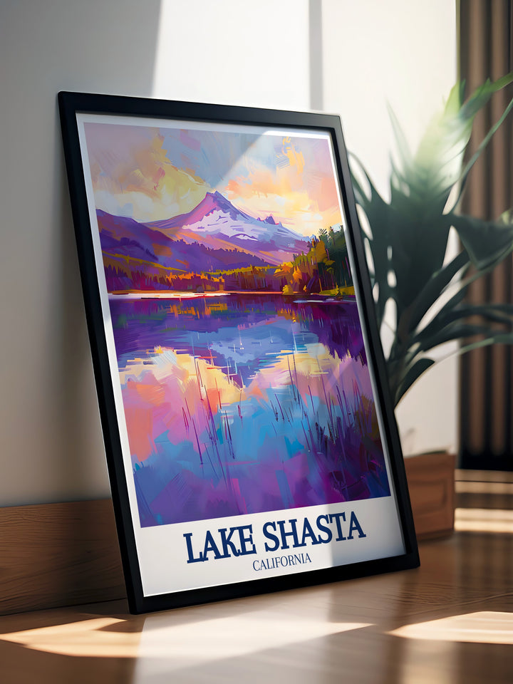 A vibrant Lake Shasta print highlighting the rugged natural beauty of the Shasta Cascade mountains. This wall art is perfect for anyone who enjoys Californias wilderness and wants to add a touch of adventure to their living space.