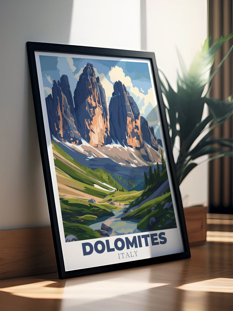 Charming Tre di Lavaredi Vintage Print capturing the timeless beauty of the Dolomites Italy. Perfect for Italy home decor and travel lovers. Enhance your living space with this beautiful Italy travel print and enjoy the serene views of Tre di Lavaredi.
