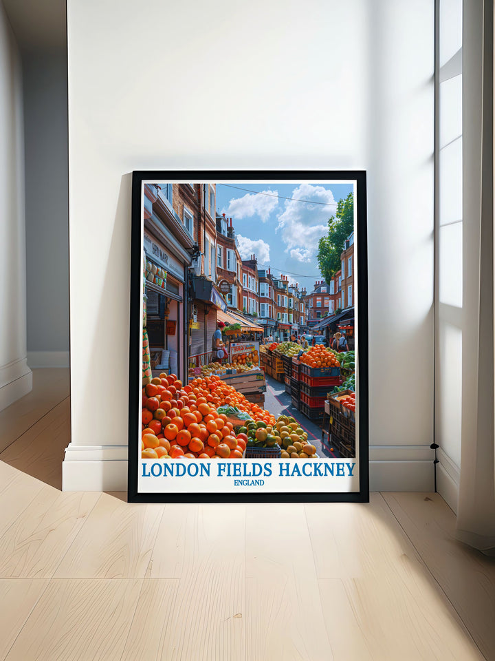 This art print highlights the picturesque scenery of London Fields Hackney, with its tree lined paths and recreational areas, making it a perfect addition to your urban park art collection.
