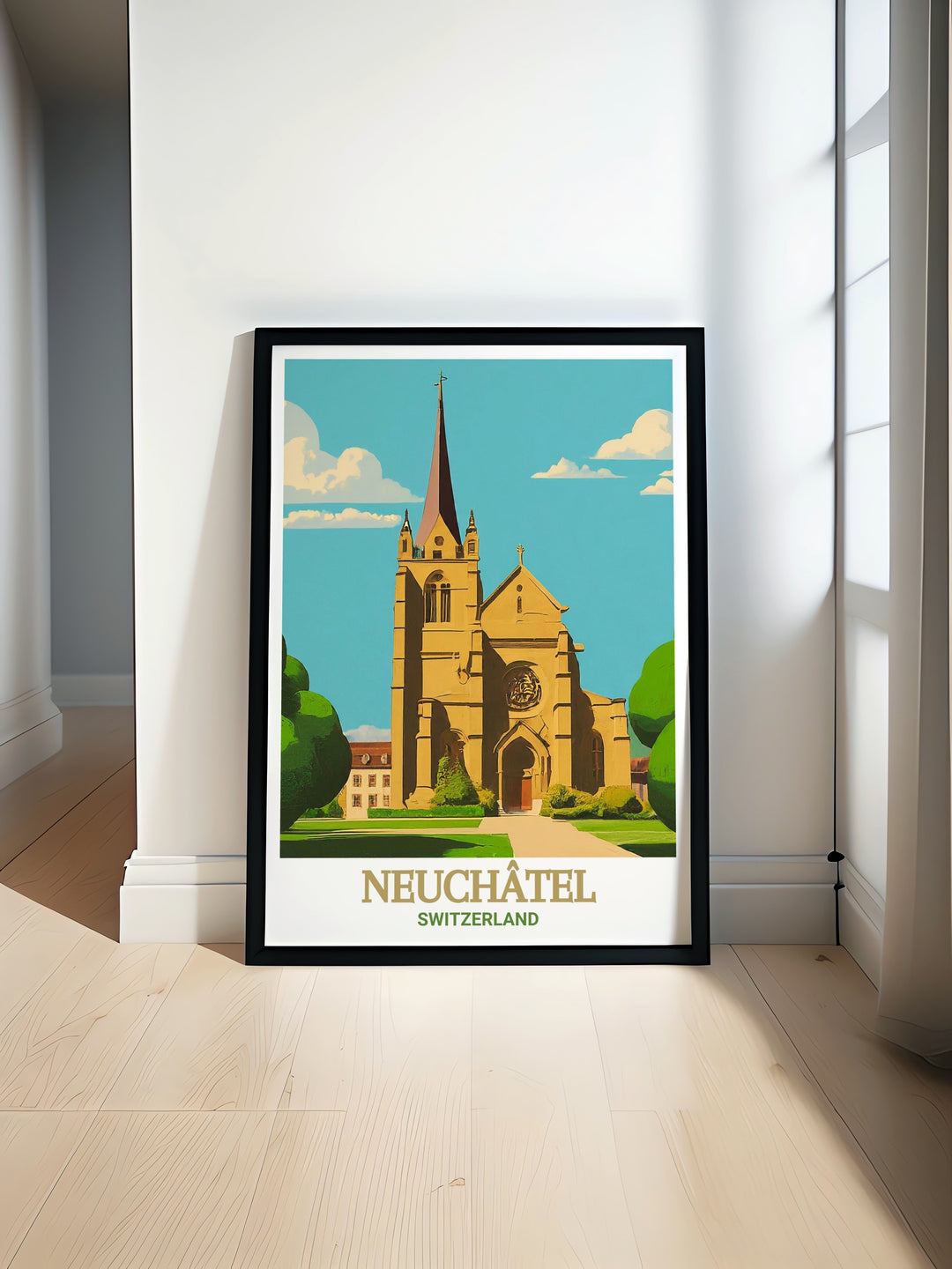 Beautiful France travel print featuring Lake Neuchatel and La Collegiale Church. This wall art offers an elegant addition to your home decor, showcasing the serene beauty of one of Frances most picturesque locations with modern design and detailed artwork.