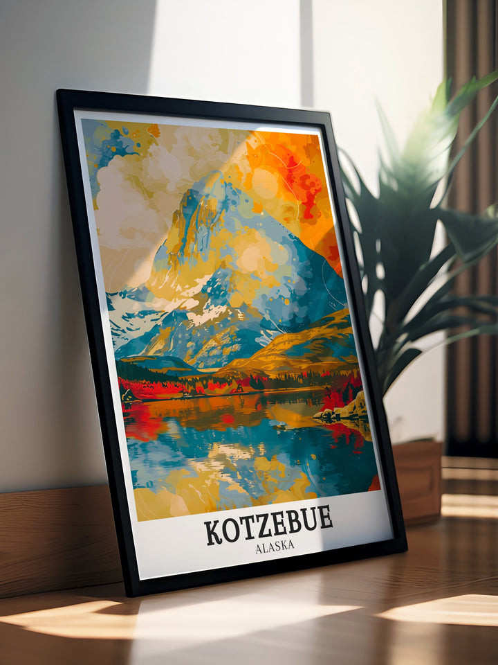 A captivating poster of Kotzebue Alaska featuring its unique position above the Arctic Circle and its importance as a cultural hub with stunning Arctic landscapes in the background an ideal addition to any collection celebrating the beauty of remote Alaskan towns