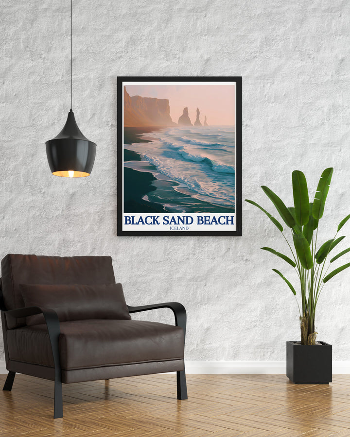 Black Sand Beach Custom Print depicting the unique landscape of Reynisfjara, with its deep black sands and the majestic basalt rock formations. This custom print is perfect for anyone who loves Icelands wild and breathtaking scenery