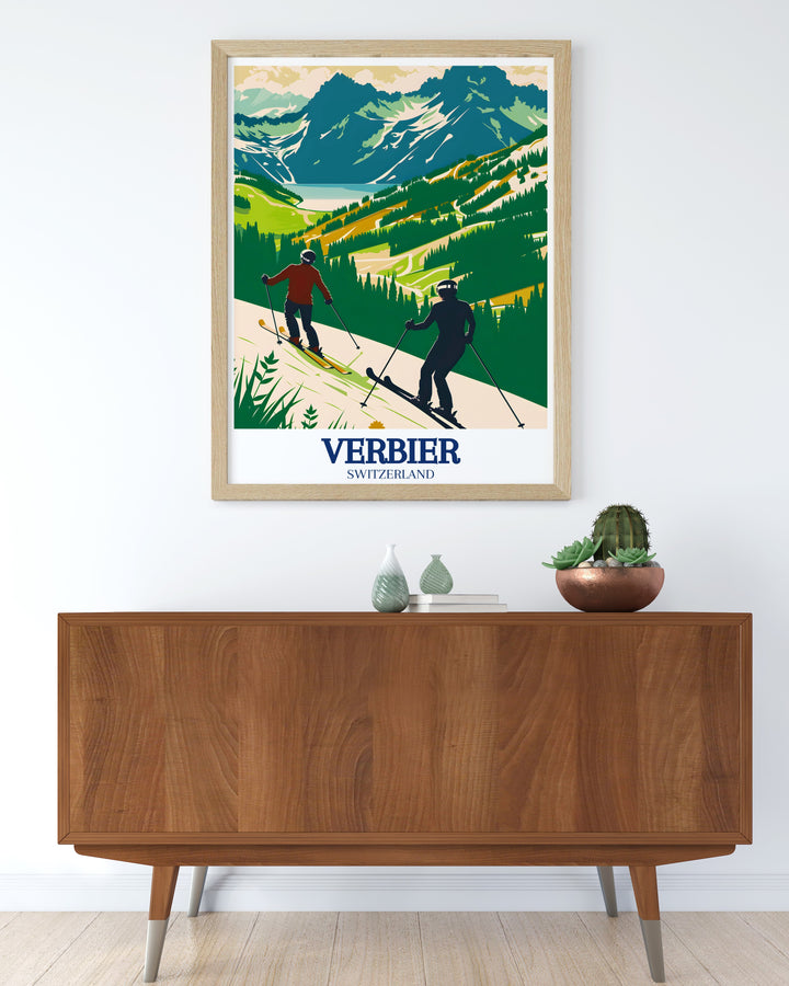 Canton of Valais wall art featuring the majestic alpine landscapes around Verbier and Lake des Vaux. This artwork combines the excitement of skiing with the peacefulness of nature, making it a beautiful addition to any home looking to capture the essence of Switzerlands beauty.