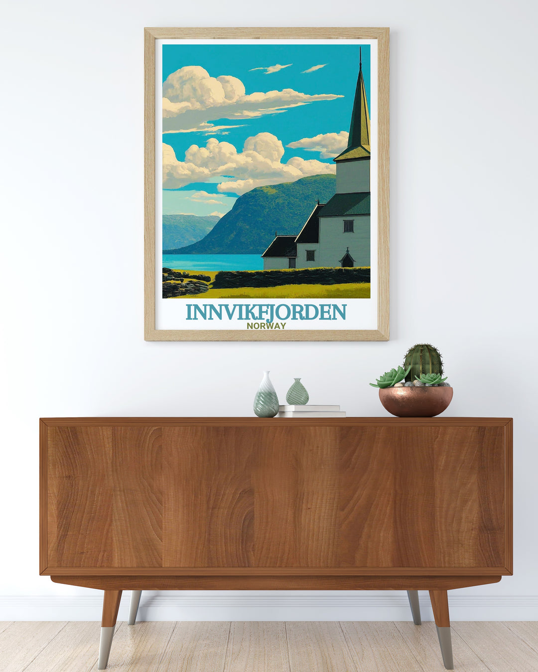 Exquisite Innvik Church travel poster illustrating the stunning fjord cliffs and tranquil waters of Norway nature ideal for art enthusiasts