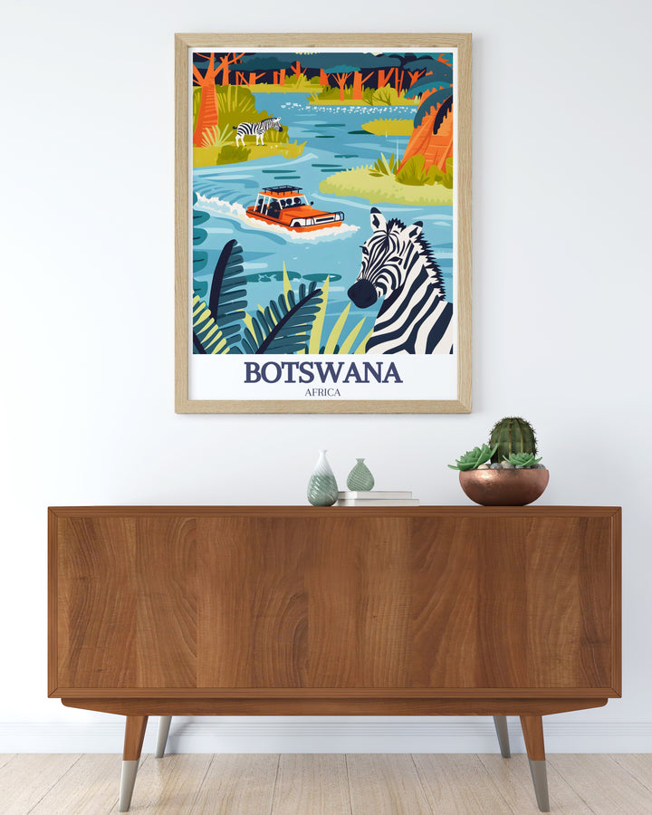 Transform your home decor with Botswana wall art of Okavango Delta and Chobe National Park. These Botswana travel prints showcase the stunning beauty and vibrant wildlife of these iconic regions, perfect for any art collection.