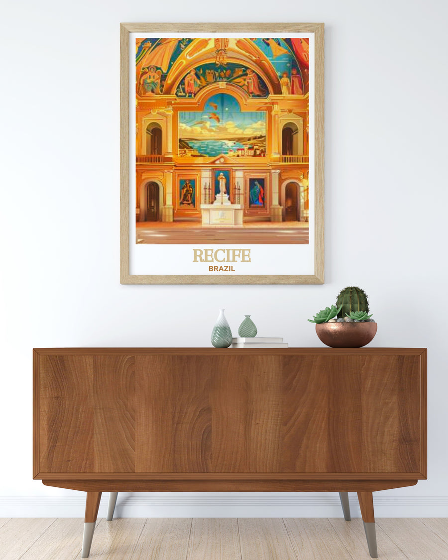 Stunning Recife poster print featuring the historic Capela Dourada chapel in Brazil. This art piece captures the intricate details of the Baroque architecture and golden interiors, making it perfect for those who appreciate historical landmarks and cultural heritage in wall decor.