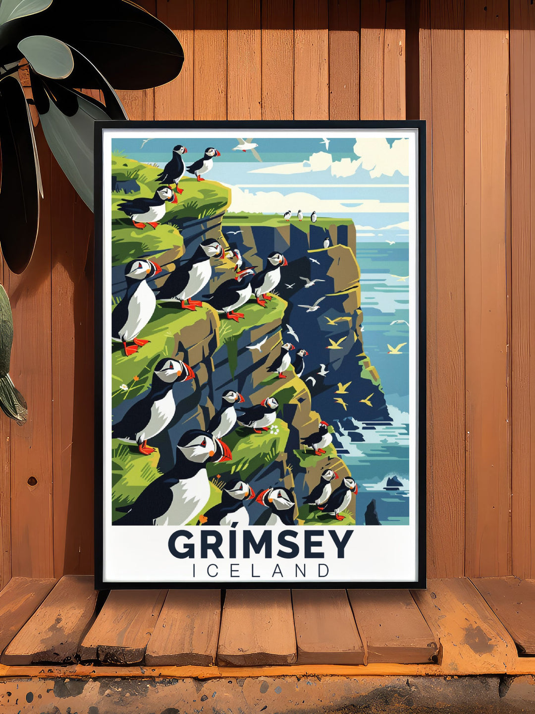 An intricate depiction of Grimseys Northern Lights, this art print highlights the celestial display over the islands serene environment, making it a captivating addition to any room.