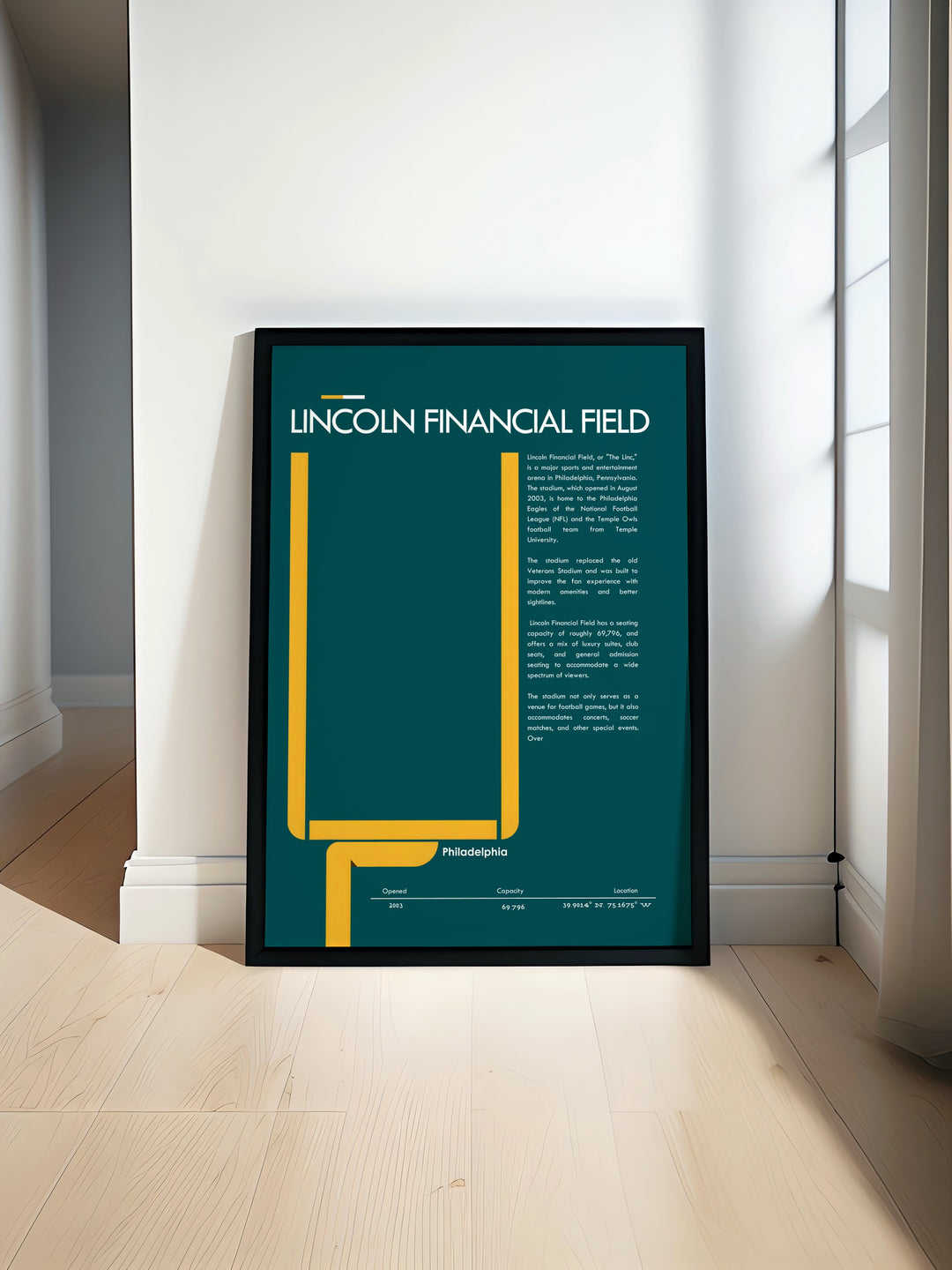 Lincoln Financial Field poster print showcasing the iconic Philadelphia Eagles stadium perfect for sports bedrooms sports offices and modern sports art enthusiasts. Ideal for NFL fans looking for minimalist artwork and Eagles fan gifts for him her or loved ones.