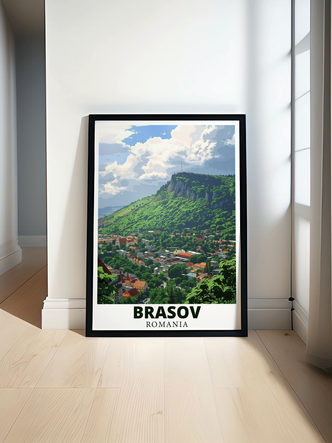 Stunning Brasov Romania travel print showcasing picturesque landscapes and historic charm including Tampa Mountain. Ideal for adding elegance to any room. Perfect for art and collectibles enthusiasts who love unique and vibrant decor.