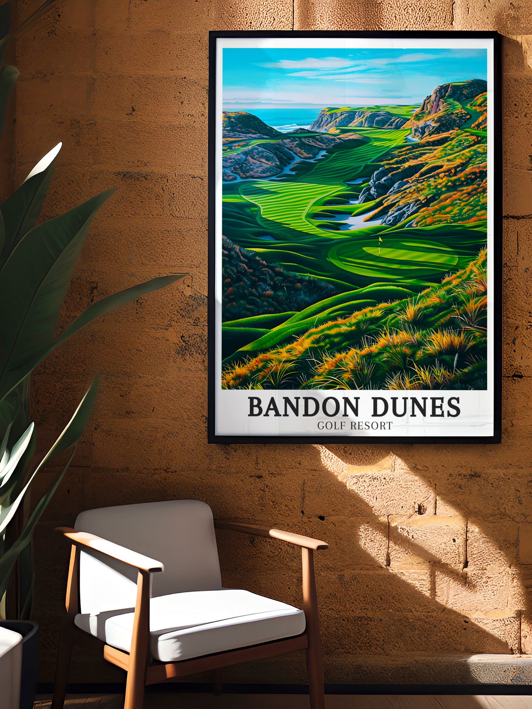 A golf art poster of Bandon Dunes Resort, showcasing its pristine fairways and the rugged beauty of the Oregon coast. The detailed print combines the spirit of the game with the wild natural environment, perfect for golf enthusiasts and nature lovers alike.