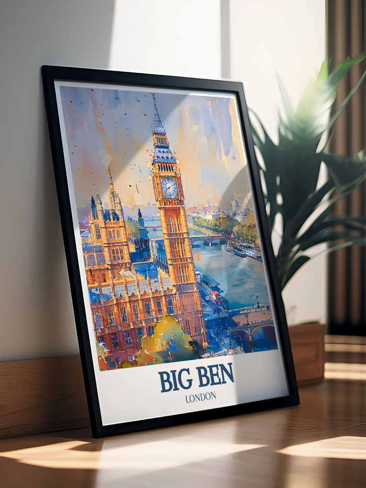 Beautiful Big Ben travel poster capturing the majestic Houses of Parliament and the peaceful River Thames, perfect for enhancing your home or office with Londons iconic landmarks.
