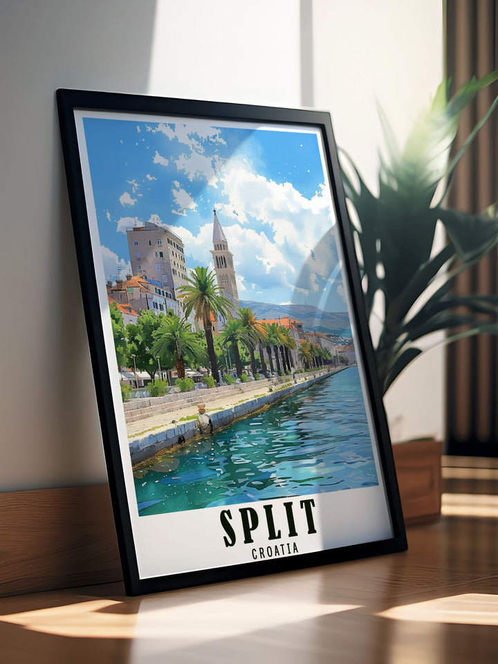 This Split Poster Print captures the vibrant Riva Promenade in Croatia, with its historic waterfront views and Mediterranean charm. Perfect for wall décor, this travel poster showcases Splits rich culture and coastal beauty, offering a piece of the Adriatic for your home or office.