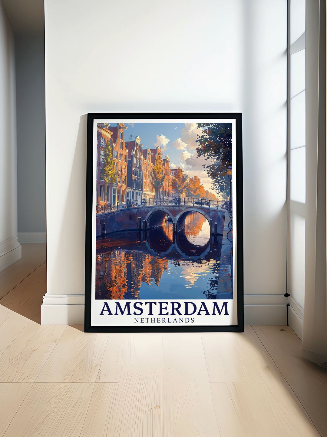 Beautiful Amsterdam print showcasing the iconic Canal Arch Grachtengordel in vibrant colors. Perfect Amsterdam wall art for home decor enthusiasts and art lovers. Ideal for adding a touch of elegance and history to any room. Great as a travel poster and city print.