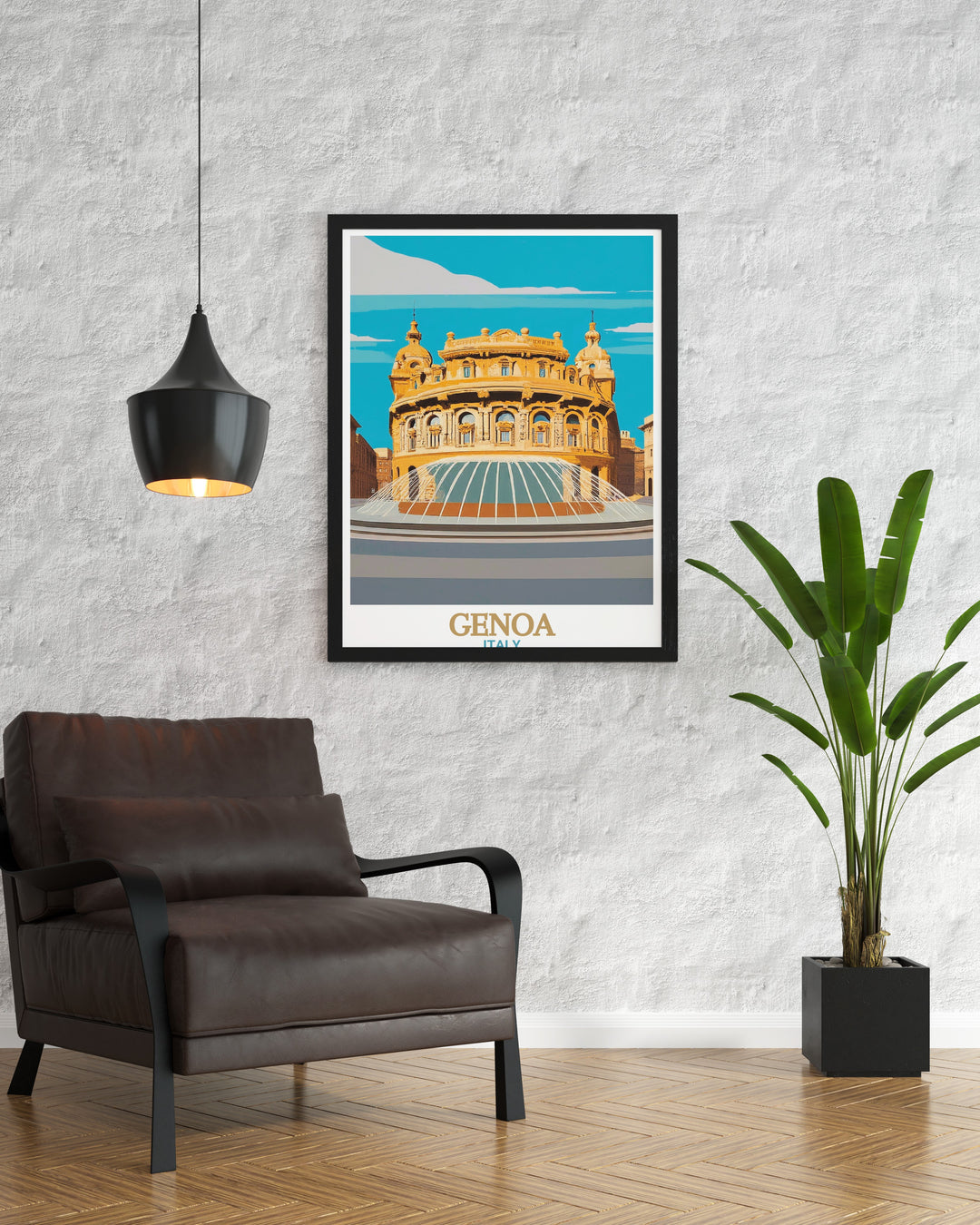 Highlighting the architecture and fountain of Piazza De Ferrari, this framed art print is a striking reminder of Genoas historical significance. Bring a piece of Italy into your home with this elegant depiction of one of its most beloved landmarks.