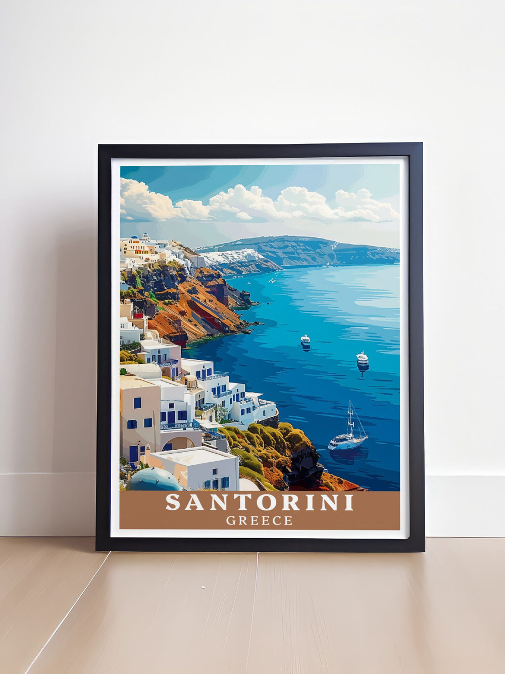 A stunning Santorini Art Print capturing the beauty of Fira, with its dramatic caldera views and whitewashed architecture. A perfect piece for adding Mediterranean elegance to your home.
