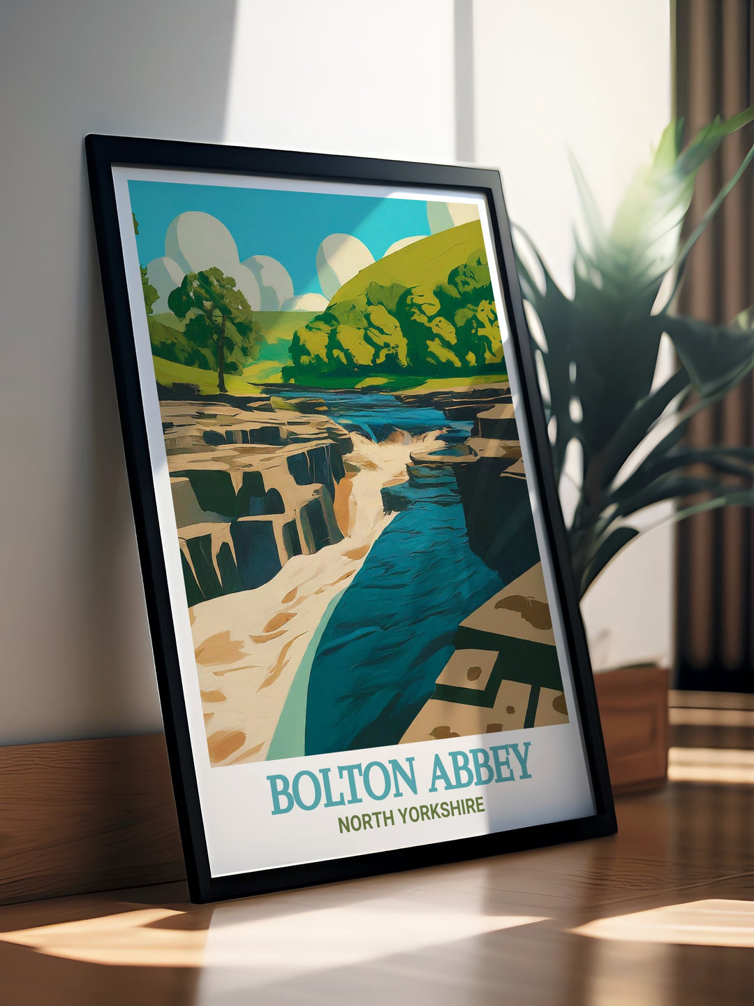 The Strid framed print capturing the essence of North Yorkshires natural beauty featuring the powerful waters of the River Wharfe set against the lush greenery of the Yorkshire Dales a perfect addition to any nature inspired decor.