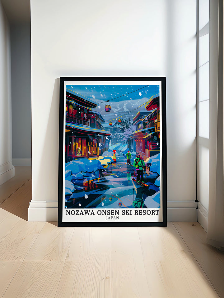 The Charm of Nozawa Onsen Wall Print showcases the unique architecture and scenic beauty of this historic village. The print is detailed with the traditional ryokans, snow covered streets, and the surrounding mountains, perfect for adding a touch of Japan to your decor.