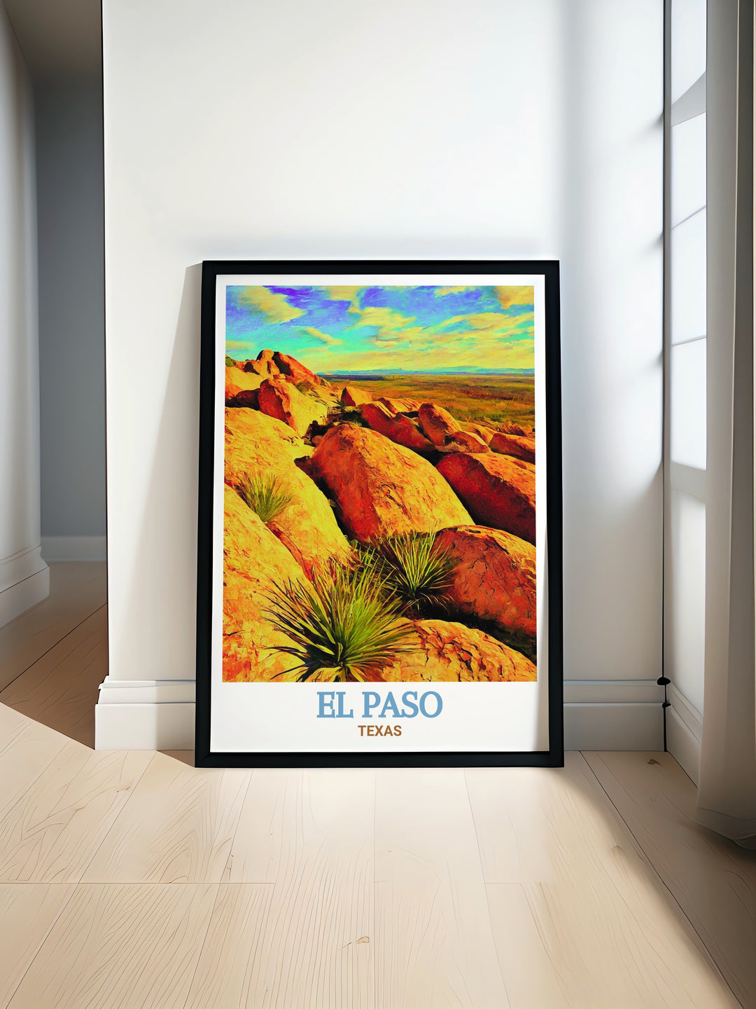 Add a touch of Texas to your home with this El Paso poster print. The artwork highlights the unique geography of Hueco Tanks, combining bold colors and intricate details to create a piece that stands out in any room. Ideal for those who love exploring Texass natural beauty.