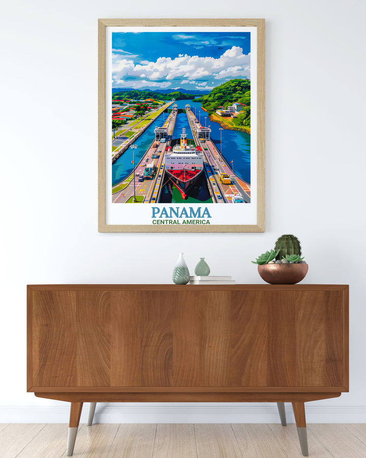 Panama Poster Print capturing the grandeur of the Panama Canal and the natural beauty of Central Americas coastline. This travel print brings a sense of adventure and history into your home, perfect for coastal or tropical decor.