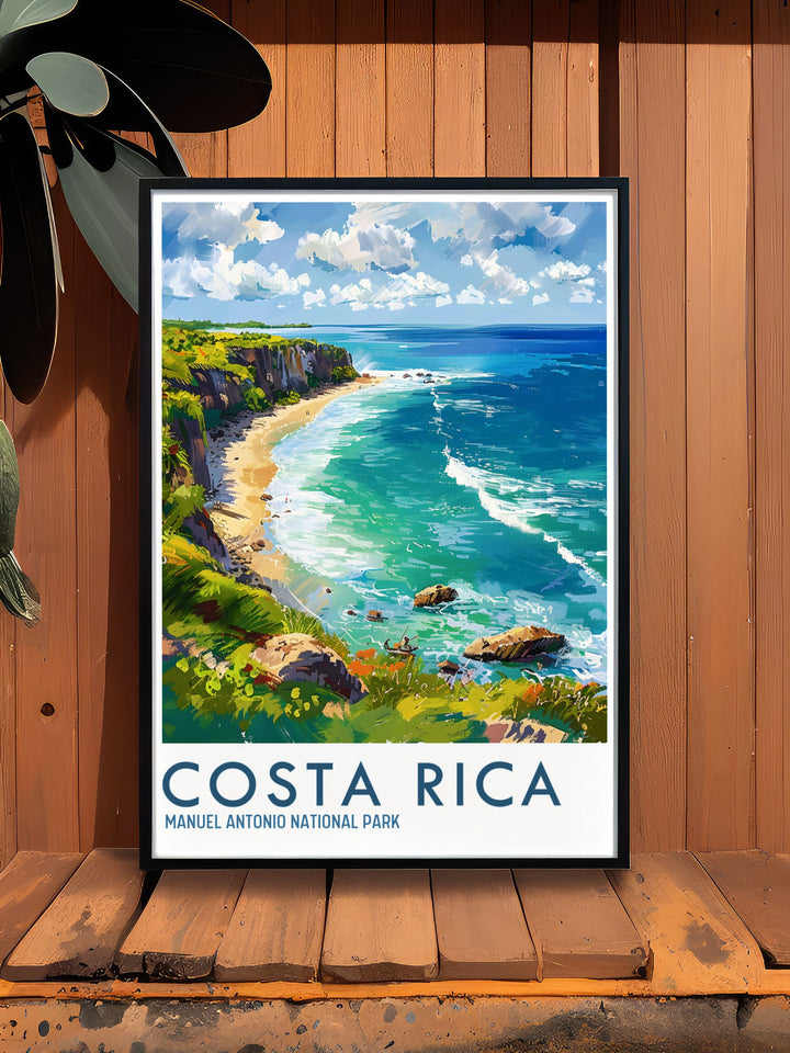 Celebrate the incredible biodiversity of Manuel Antonio National Park with this high quality travel poster. Showcasing the parks dense jungle, white sand beaches, and vibrant marine life, this artwork is perfect for anyone who appreciates the beauty of Costa Ricas natural landscapes. A stunning addition to any home decor.