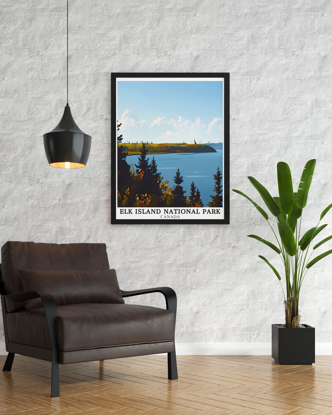 Astotin Lake wall art from Elk Island National Park, offering a detailed depiction of the serene lake and its surroundings. This travel poster is a must have for those who love Canadian landscapes and the peacefulness of nature.