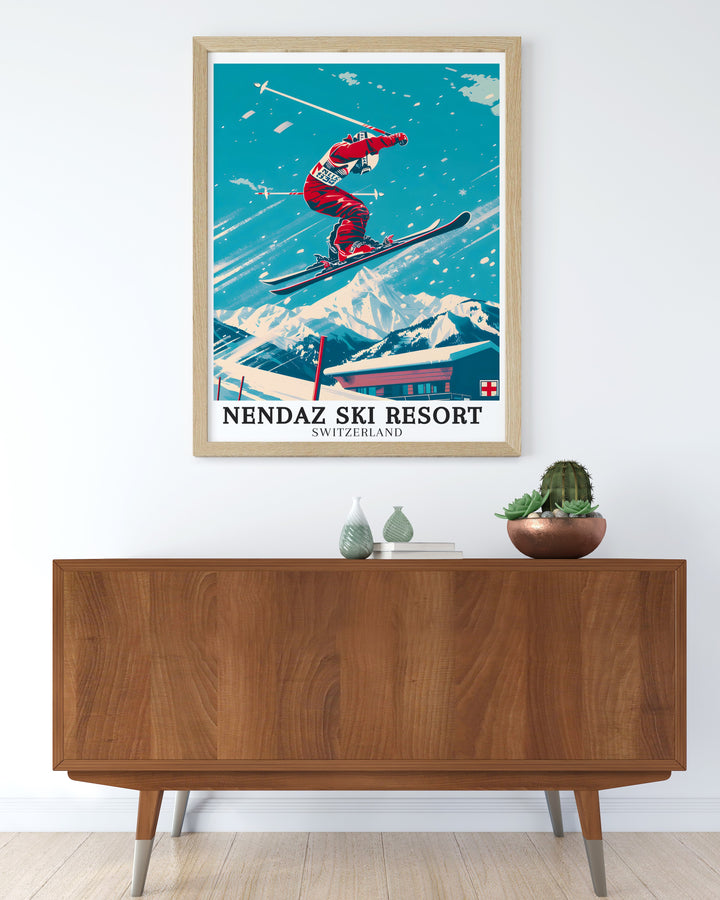 Nendaz Ski Resort Travel Posters. Highlighting the iconic Nendaz Ski Resort and Mont Blanc massif, these travel posters bring the excitement and charm of the Swiss Alps into your home decor. Perfect for winter sports enthusiasts.