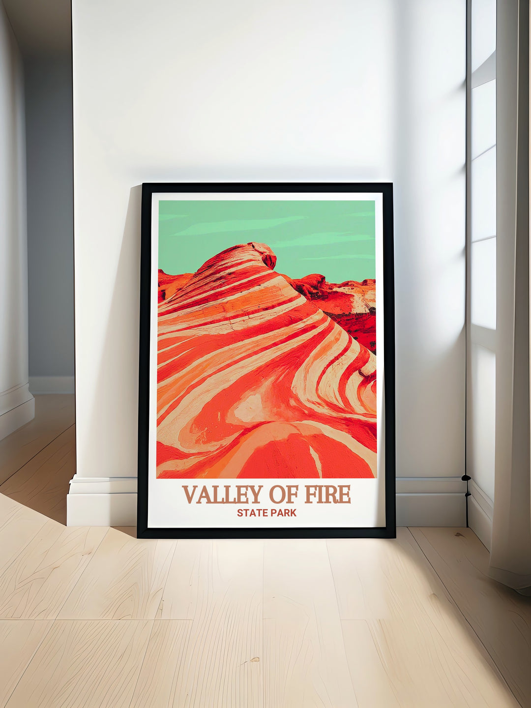 Nevada travel print featuring the Fire Wave in Valley of Fire State Park. The detailed artwork captures the vibrant colors and unique features of this famous landmark, making it an ideal gift for nature enthusiasts and art lovers.