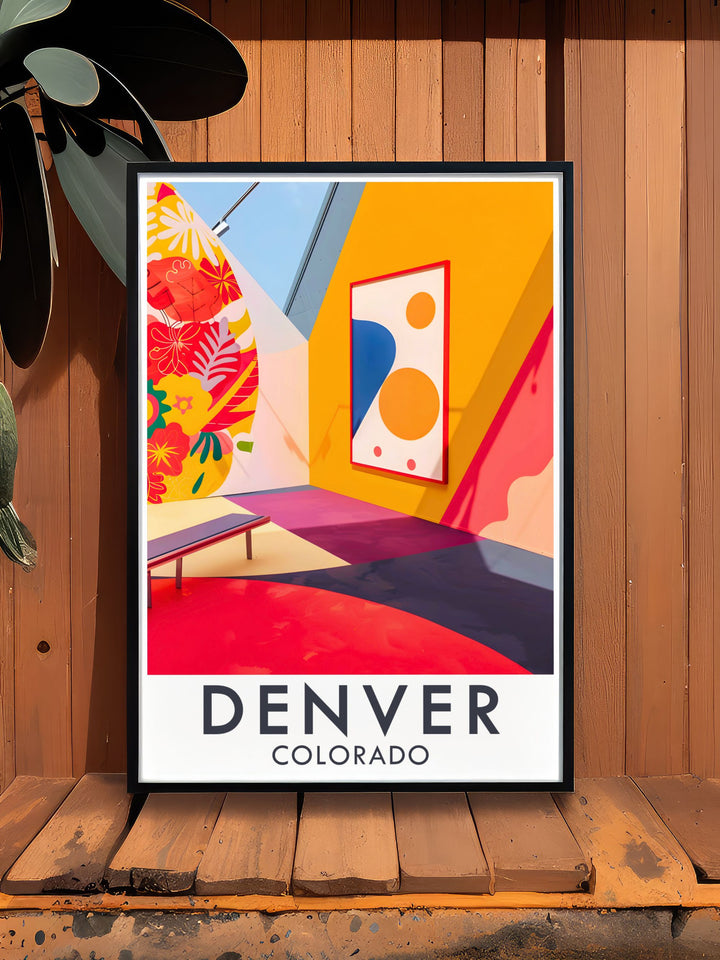 A detailed illustration of Denvers skyline against the Rocky Mountains, capturing the citys vibrant energy and natural beauty, perfect for enhancing your living space or office decor.