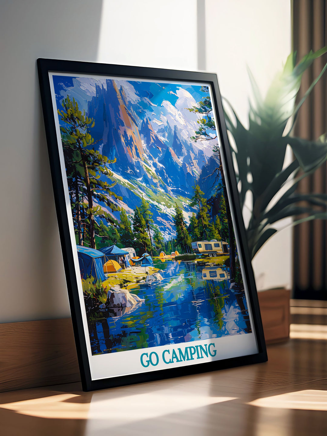 Framed artwork featuring a mountain camping scene, highlighting the peaceful ambiance and natural beauty, perfect for nature lovers and travel enthusiasts.
