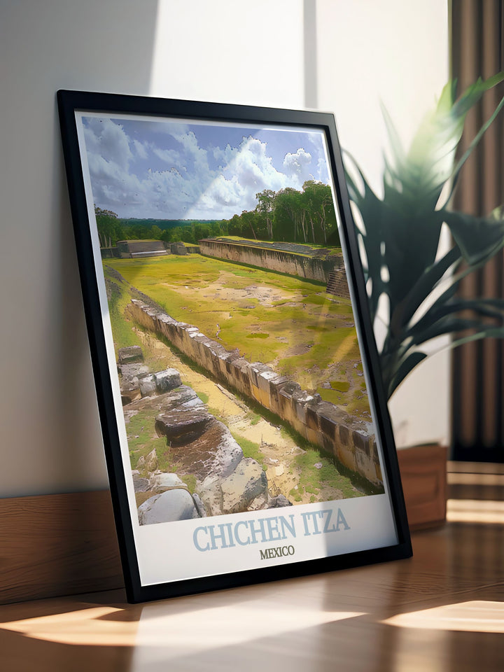 This Great Ball Court travel poster beautifully captures the intricate carvings and majestic presence of the court. Perfect for adding a historical and sophisticated touch to your decor, this art print reflects the rich heritage of Chichen Itza.