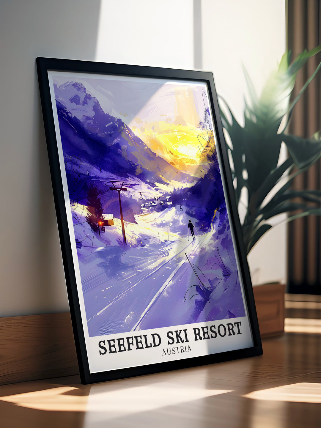 Karwendel mountains and Bergbahnen Rosshutte come alive in this Seefeld Ski Resort art print. Ideal for winter sports enthusiasts and those who love Austria skiing this artwork brings alpine beauty to your home.