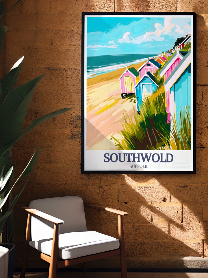 Artistic Framed Print of Southwold Beach Huts with the North Sea Southwold beach in the background. This print adds a touch of elegance and nostalgia to any room. Perfect for seaside enthusiasts and art lovers alike.