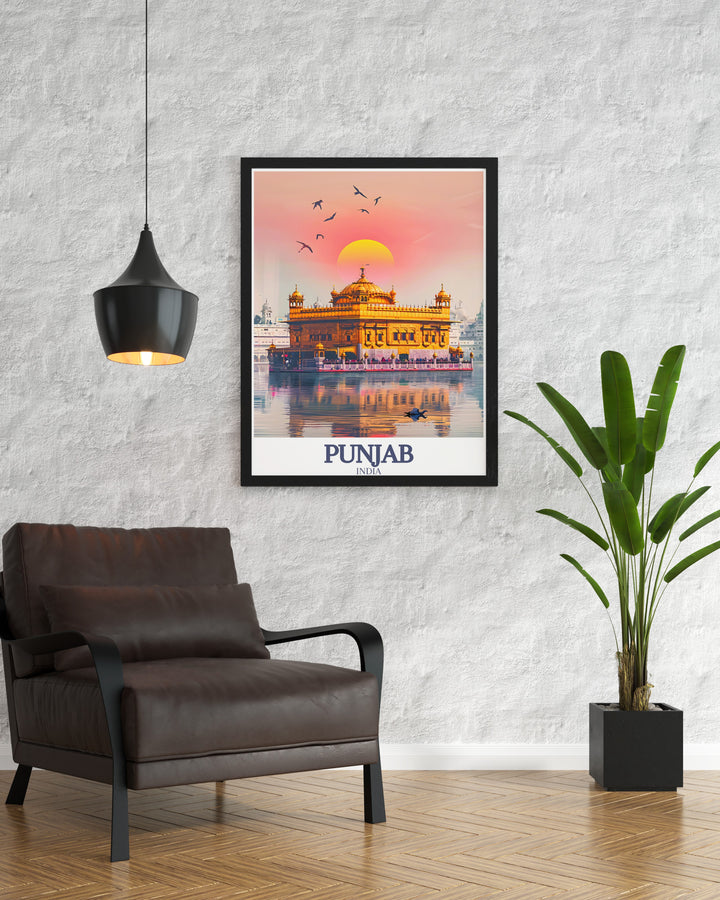 Beautiful Golden Temple, Amrit Sarovar city art print perfect for enhancing any décor style with a city color palette that complements modern and traditional settings showcasing the temples majestic beauty.