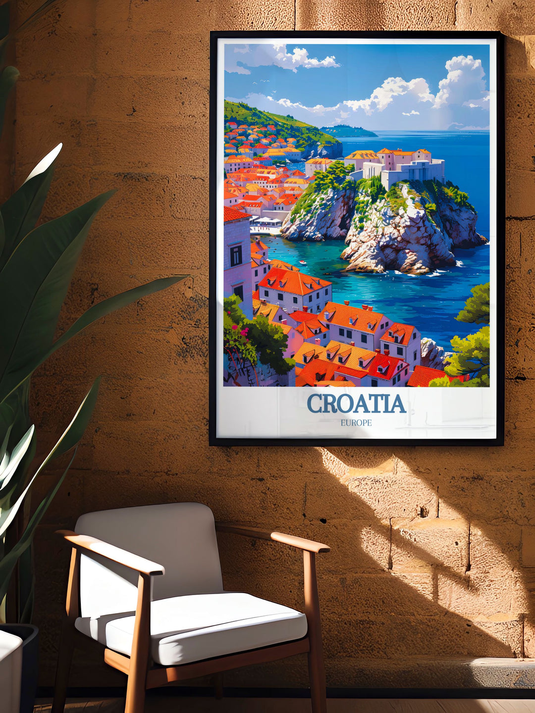 This poster artfully depicts the natural beauty of the Adriatic Sea and the enchanting landscapes of Dubrovnik Old Town, offering a perfect blend of Croatias landscapes and cultural landmarks for your decor.