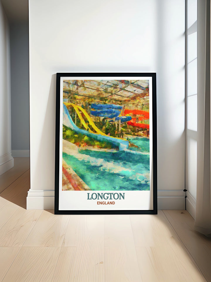 Waterworld canvas art showcasing the fun and excitement of this popular water park in Stoke on Trent. Featuring bright colors and playful design, this print is perfect for families or anyone looking to remember their time at this iconic attraction. Ideal for home decor, this art brings joy into any room.