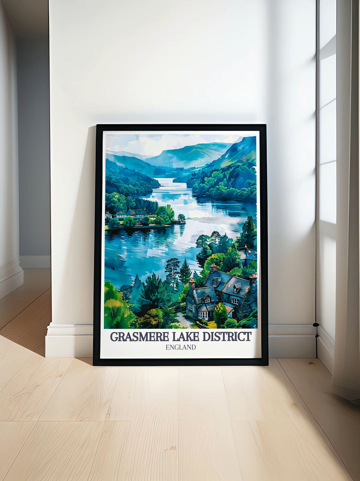 This art print of Grasmere Lake and Village in the Lake District, England, features detailed illustrations and vibrant colors, capturing the essence of this unique destination.