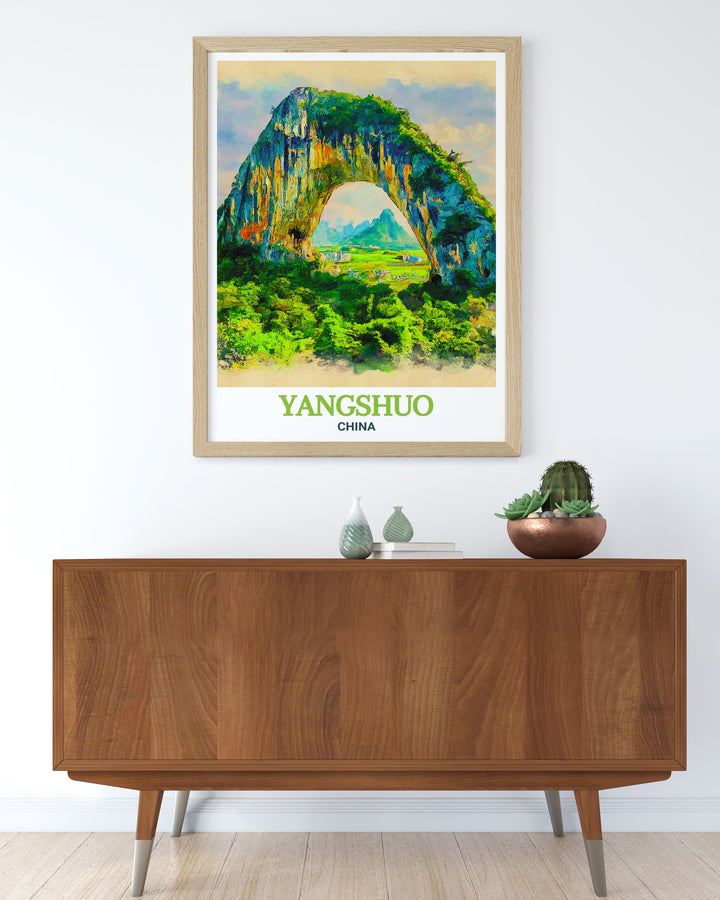 Yangshuo wall art featuring the famous Moon Hill, capturing the essence of its natural arch and scenic surroundings. Perfect for those who love travel and nature, this print celebrates the iconic beauty of Yangshuos landscape.