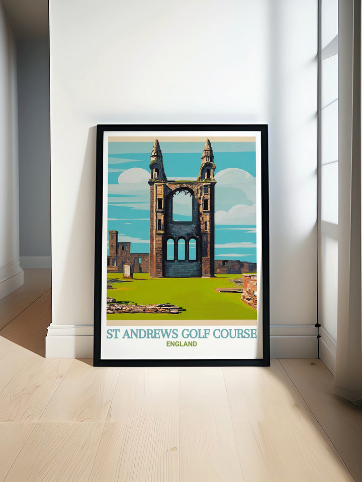 Wall art of St Andrews, capturing the beauty of the Golf Course and the architectural grandeur of the Cathedral. This framed art is perfect for bringing a piece of Scotlands charm into your living space, ideal for golf lovers and history buffs.